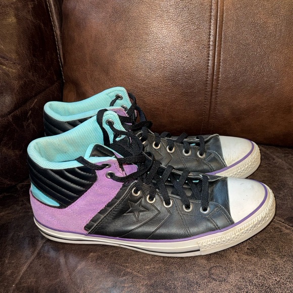 Converse Men’s Chuck Taylor Black, Purple, and Teal Leather Sneakers - Picture 11 of 12